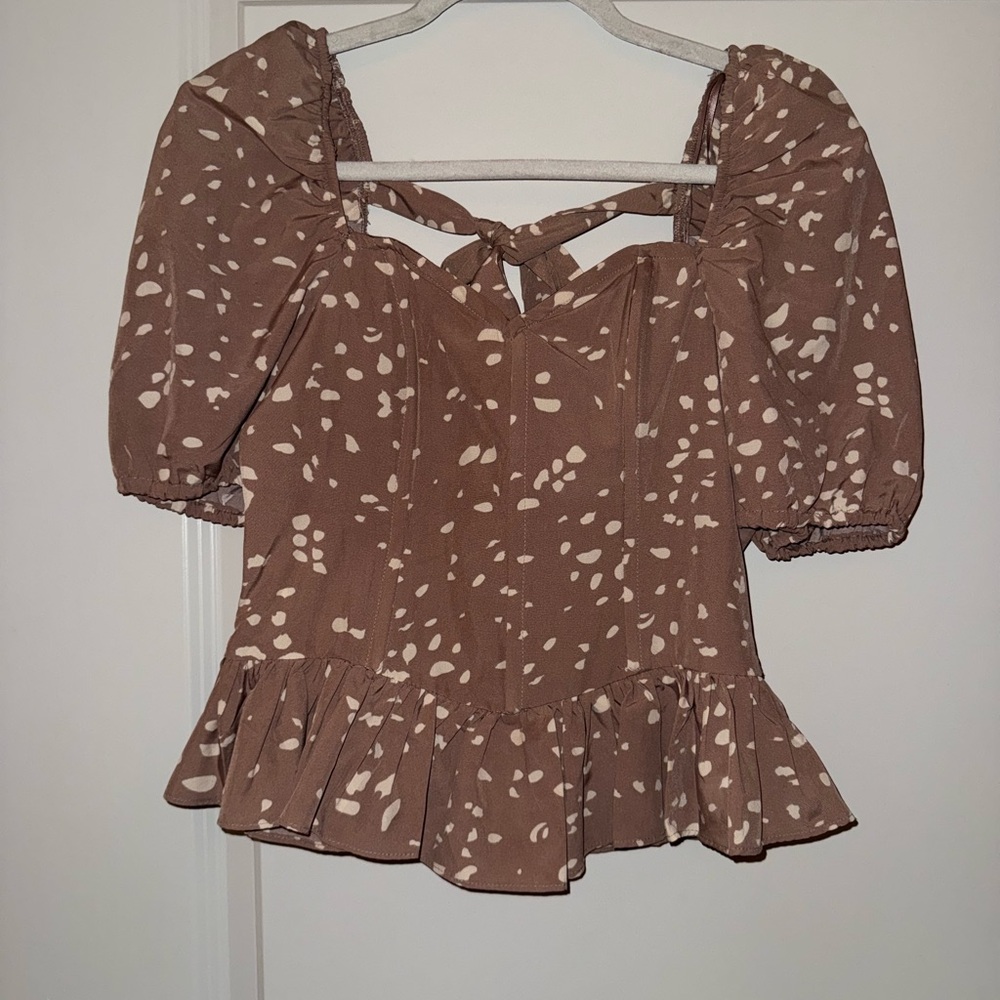 Brown and White Puff Sleeve Smocked Peplum Blouse